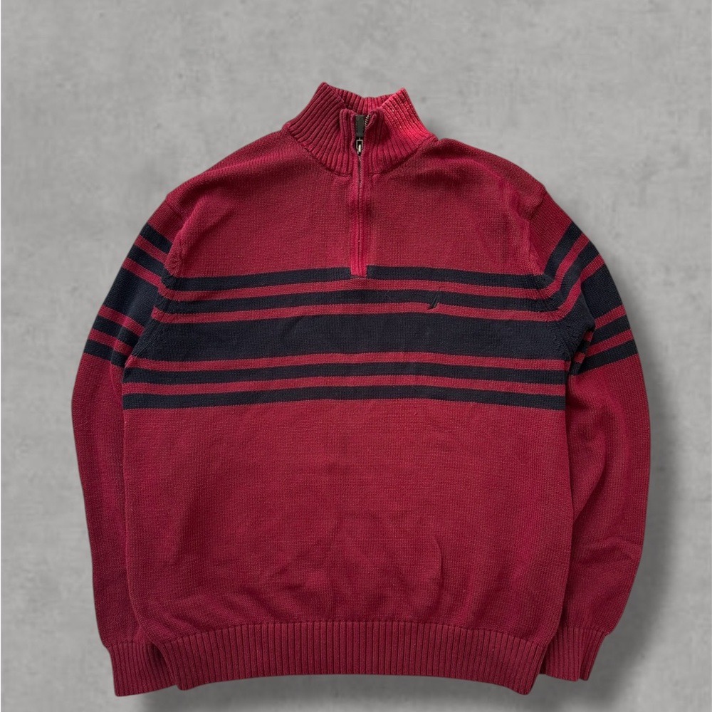 Nautica Sweater Mens Size XL Red & Black 1/4 Zip Up Striped Excellent Condition